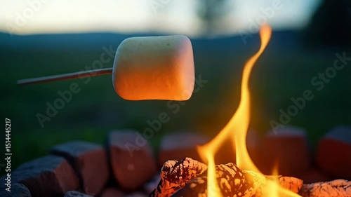 A golden marshmallow roasts over a vibrant campfire, flames leaping against a blurred green backdrop. Cozy and warm