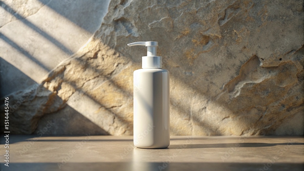 Minimalist White Pump Bottle Mockup on Sunlit Stone Minimalist White Pump Bottle Mockup on Sunlit Stone