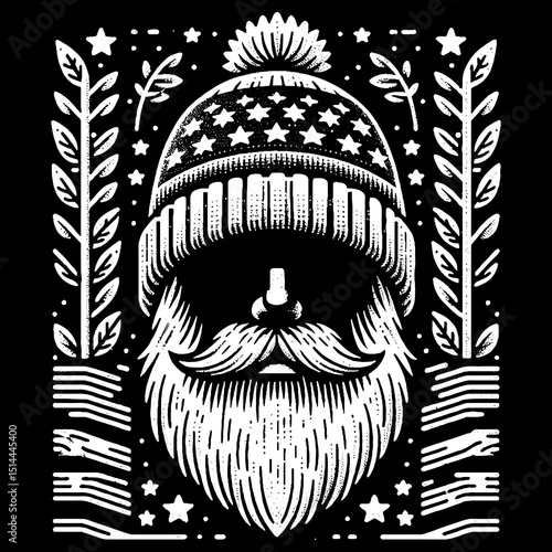 Logger Face With Beanie And Beard Forest Pattern Illustration – Retro Hand-Drawn Woodsman Portrait Vector Artwork for T-Shirts, Posters, Stickers, and Outdoor-Themed Apparel Designs