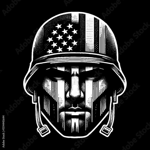 Soldier Face With Helmet And Bold Engraved Shadow Illustration – Retro Hand-Drawn Military Portrait Vector Artwork for T-Shirts, Posters, Stickers, and Armed Forces-Themed Apparel Designs