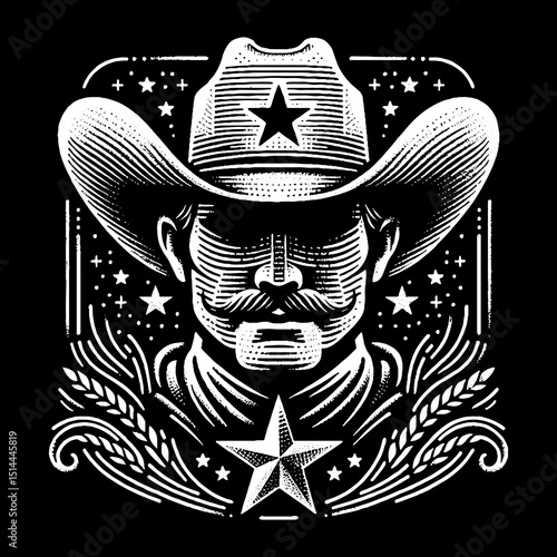 Texan Man Face With Cowboy Hat And Lone Star Illustration – Retro Hand-Drawn Western Portrait Vector Artwork for T-Shirts, Posters, Stickers, and Texas-Themed Apparel Designs