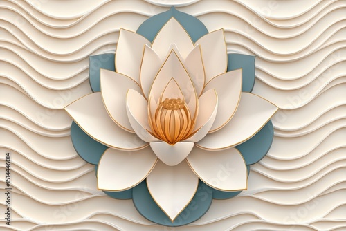 Elegant off white lotus flower with gold accents, set against a textured cream and teal background. The image features a stylized, almost paper like
