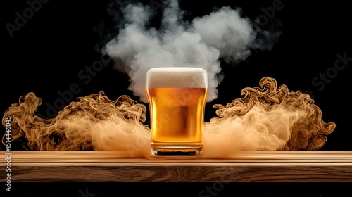 A glass of golden beer sits on a wooden surface, surrounded by swirling brown and white smoke. The beer is frothy and appears cold. The background is
