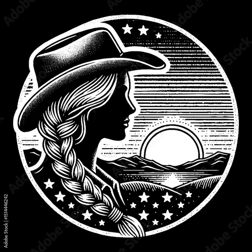 Cowgirl Face With Braid And Sunset Background Illustration – Retro Hand-Drawn Western Portrait Vector Artwork for T-Shirts, Posters, Stickers, and Country-Themed Apparel Designs