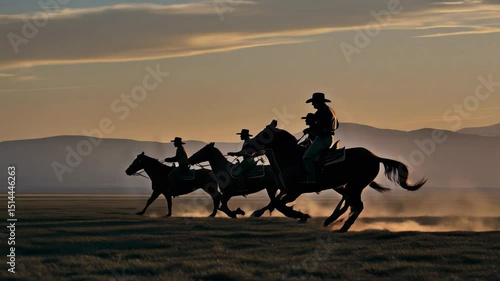 Four cowboys galloping on horses at sunset, side view