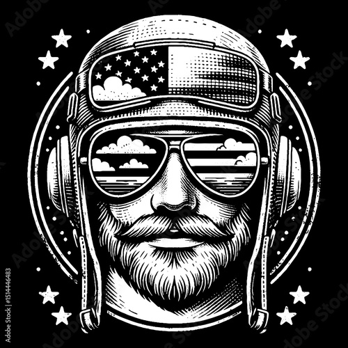 Pilot Face With Aviator Glasses And Cloud Reflection Illustration – Retro Hand-Drawn Aviation Portrait Vector Artwork for T-Shirts, Posters, Stickers, and Flight-Themed Apparel Designs