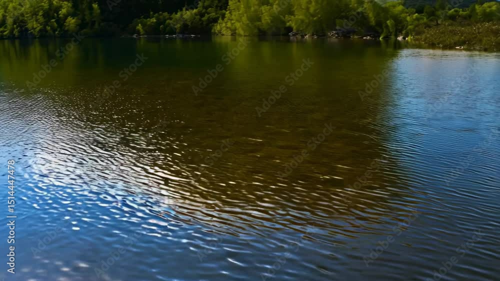A tranquil lake surrounded by lush green trees. A tranquil lake surrounded by lush green trees.