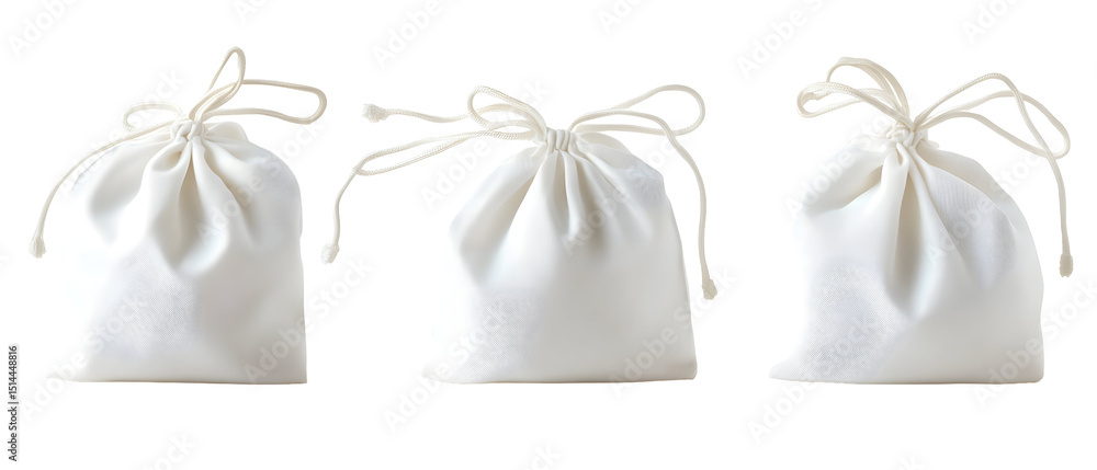 Naklejka premium Three White Drawstring Bags Isolated on Transparent Background Featuring Tied Closures Soft Cloth Texture and Delicate Details