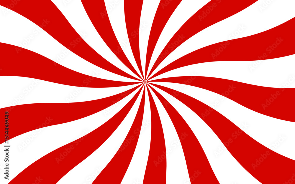 Fototapeta premium Abstract high-contrast, radial burst background with red and white curved stripes central focal point. Dynamic spiral effect reminiscent of retro candy swirls or vintage sunburst posters.