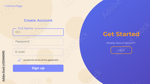 Register page layout with login and password fields. Simple and modern sign up form design for websites.