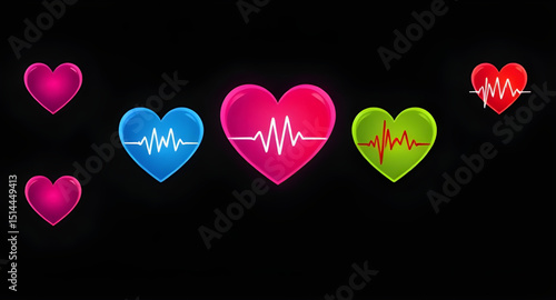 Set of heart and heartbeat icons, Heartbeat icon pack, Heart with ECG line vector, Medical heart and pulse icons, Heart and cardiogram vector, Love and heartbeat icon set, Heart rate symbol collection