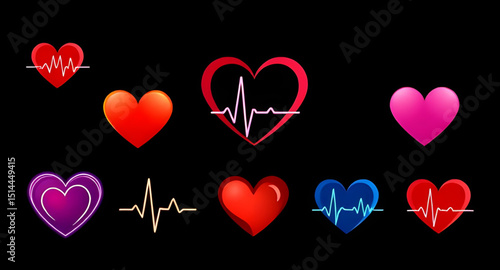 Set of heart and heartbeat icons, Heartbeat icon pack, Heart with ECG line vector, Medical heart and pulse icons, Heart and cardiogram vector, Love and heartbeat icon set, Heart rate symbol collection