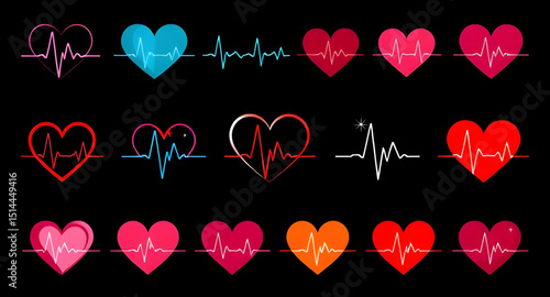 Set of heart and heartbeat icons, Heartbeat icon pack, Heart with ECG line vector, Medical heart and pulse icons, Heart and cardiogram vector, Love and heartbeat icon set, Heart rate symbol collection