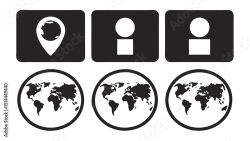 Set of global icons and map symbols in minimalist black and white design for versatile usage