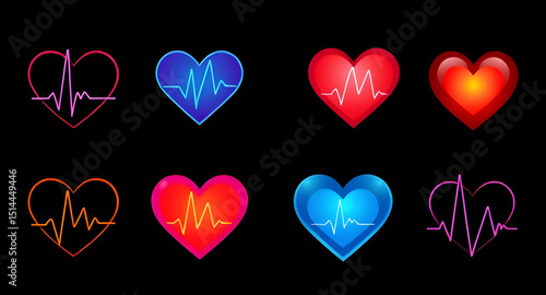 Set of heart and heartbeat icons, Heartbeat icon pack, Heart with ECG line vector, Medical heart and pulse icons, Heart and cardiogram vector, Love and heartbeat icon set, Heart rate symbol collection