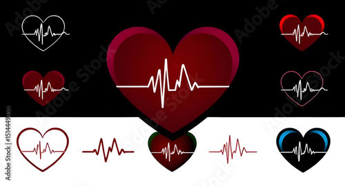 Set of heart and heartbeat icons, Heartbeat icon pack, Heart with ECG line vector, Medical heart and pulse icons, Heart and cardiogram vector, Love and heartbeat icon set, Heart rate symbol collection