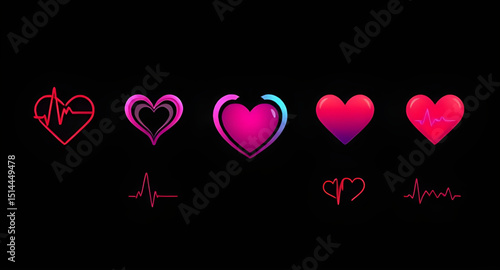 Set of heart and heartbeat icons, Heartbeat icon pack, Heart with ECG line vector, Medical heart and pulse icons, Heart and cardiogram vector, Love and heartbeat icon set, Heart rate symbol collection