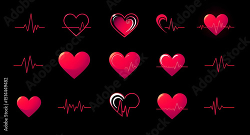 Set of heart and heartbeat icons, Heartbeat icon pack, Heart with ECG line vector, Medical heart and pulse icons, Heart and cardiogram vector, Love and heartbeat icon set, Heart rate symbol collection