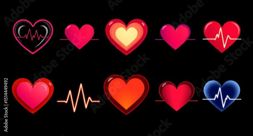 Set of heart and heartbeat icons, Heartbeat icon pack, Heart with ECG line vector, Medical heart and pulse icons, Heart and cardiogram vector, Love and heartbeat icon set, Heart rate symbol collection