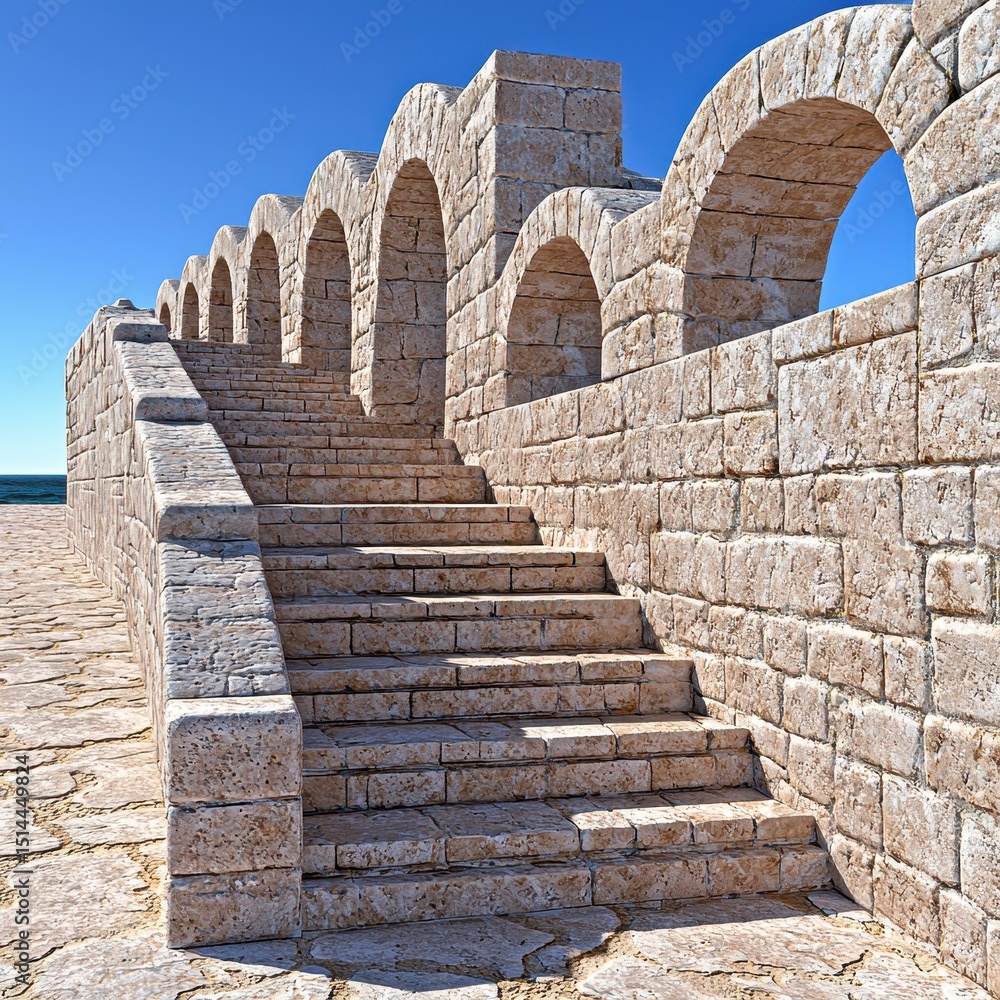 Fototapeta premium Ancient stone structure with arched walkways and stairs leading to the ocean under a clear blue sky. Light beige stone blocks create a textured