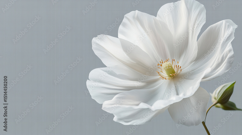An elegant white poppy radiating purity and tranquility against a soothing light gray backdrop in An elegant white poppy radiating purity and tranquility against a soothing light gray backdrop in