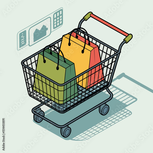 Isometric 3D View of Shopping Cart with Colorful Shopping Bags and Digital Payment Interface Demonstrating Modern Consumer Retail and E-commerce Checkout Process