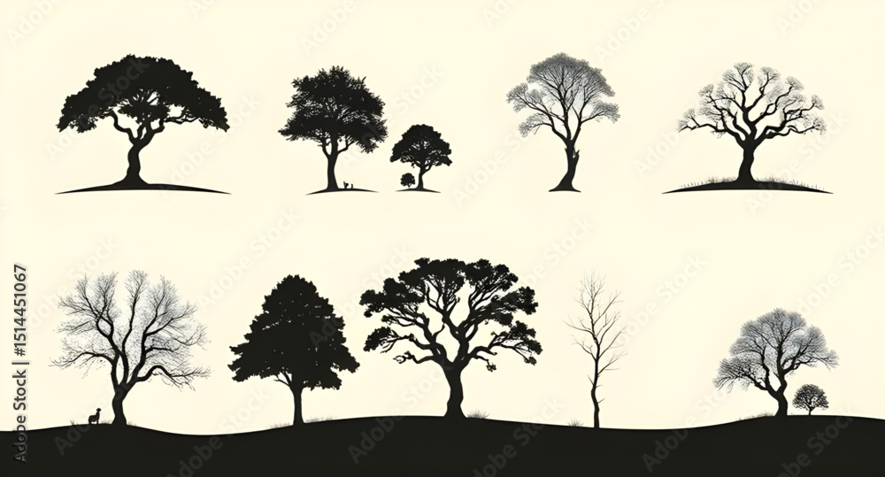 Fototapeta premium Set of tree silhouette, Tree silhouettes vector, Forest tree silhouettes, Black tree icons, Tree line art set, Tree shape silhouettes, Tree outline clipart, Silhouette tree pack, Vector tree silhouett