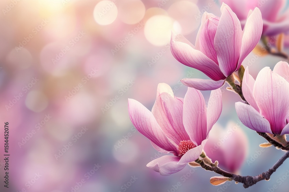 Obraz premium Blooming soft pink magnolia flowers creating a serene spring atmosphere, Soft pink magnolia flowers in bloom with blurred background