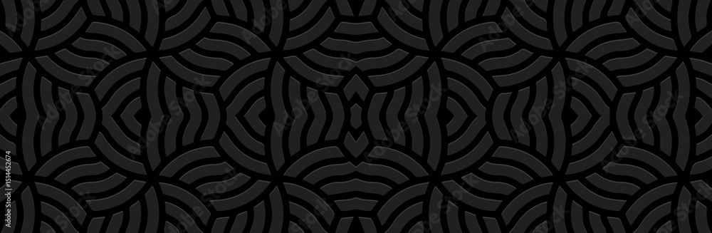 Obraz premium Banner, cover design. Geometric ethnic abstract linear 3D pattern on black background. Embossed tribal ornaments, arabesques, mandala, fresco, painting of the East, Asia, India, Mexico, Aztec, Peru.