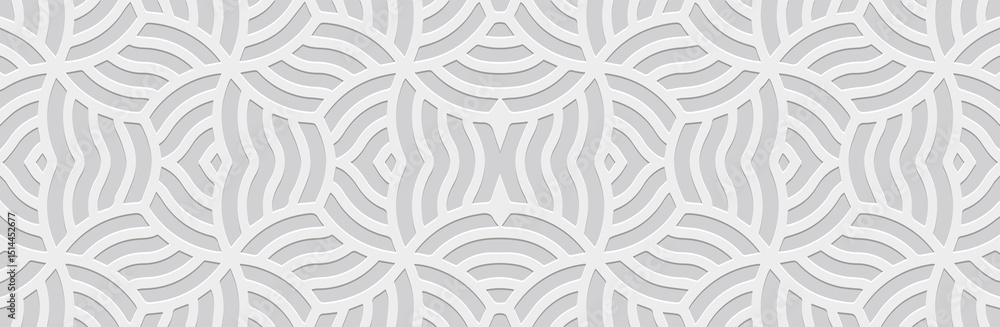 Obraz premium Banner, cover design. Geometric ethnic original linear 3D pattern on white background. Embossed tribal ornaments, arabesques, mandala, fresco, painting of the East, Asia, India, Mexico, Aztec, Peru.