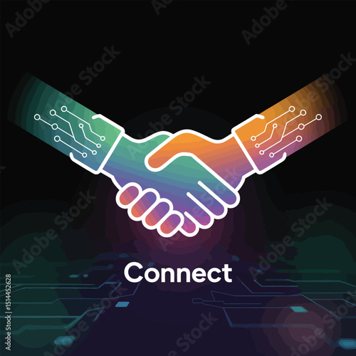 Technological Partnership Symbolized by Circuit-Themed Digital Handshake Illustrating Innovation, Business Collaboration and Network Connectivity in a Digital World