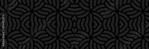 Banner, cover design. Geometric ethnic abstract linear 3D pattern on black background. Embossed tribal ornaments, arabesques, mandala, fresco, painting of the East, Asia, India, Mexico, Aztec, Peru.