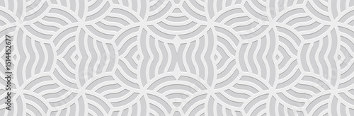 Banner, cover design. Geometric ethnic original linear 3D pattern on white background. Embossed tribal ornaments, arabesques, mandala, fresco, painting of the East, Asia, India, Mexico, Aztec, Peru.