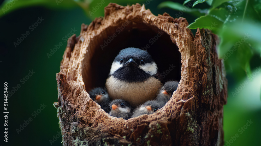 Obraz premium Bird Nest with Caring Parent Bird and Chicks Surrounded by Lush Greenery in Nature Setting