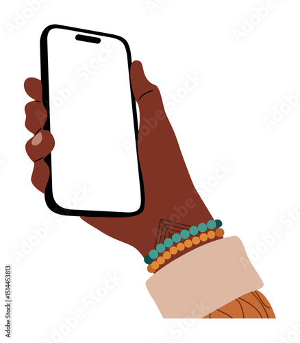 Stylish black male hand with bracelets and tattoo holding smartphone phone mockup with blank screen, isolated on transparent background, ideal for tech, fashion, and lifestyle designs