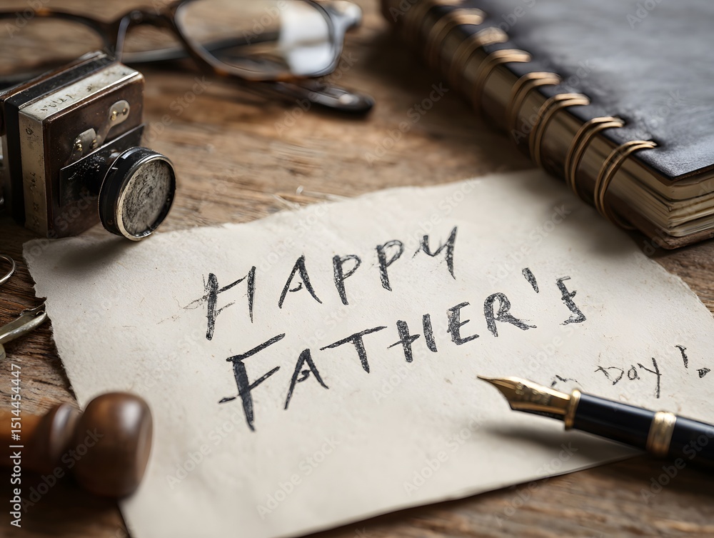 Fototapeta premium “Happy Father's Day” handwritten on paper, with a fountain pen, camera, and glasses on a wooden surface.