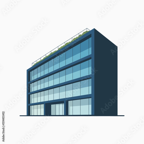 Modern Blue Glass Office Building with Multiple Floors and Rooftop Garden, Corporate Commercial Real Estate with Contemporary Architecture