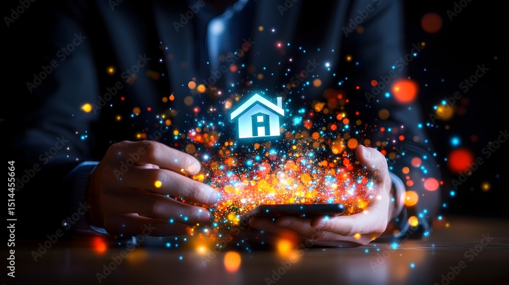 Fototapeta premium Glowing house icon emanates from a smartphone held by a person in a dark setting, suggesting digital home services or real estate technology