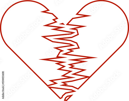 Heartbreak icon. Broken heart or divorce vector isolated on transparent background. Outline drawing broken red hearts line clipart breakup symbol for apps and websites