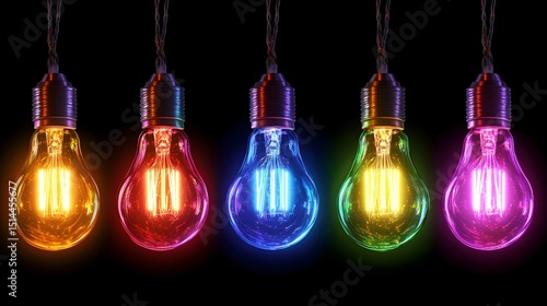Five brightly colored incandescent bulbs hang against a black background, each emitting a different vibrant hue