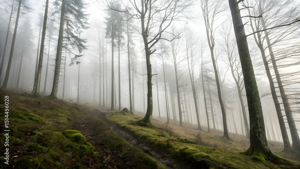 Naklejka premium A misty forest landscape with tall trees and a path disappearing into the fog on a sloping hillside