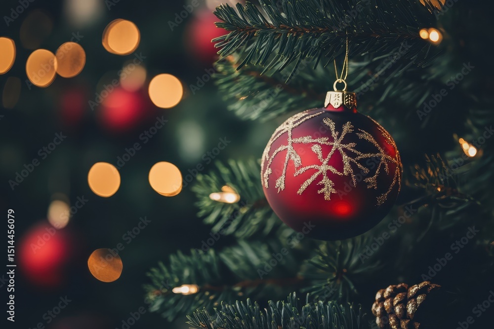 Naklejka premium Warm glow of Christmas ornaments on a festive tree filled with holiday cheer, Christmas decorations