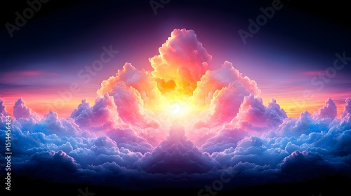 Vibrant sunset hues illuminate a majestic, symmetrical cloud formation, radiating warmth and ethereal beauty from a central point of light