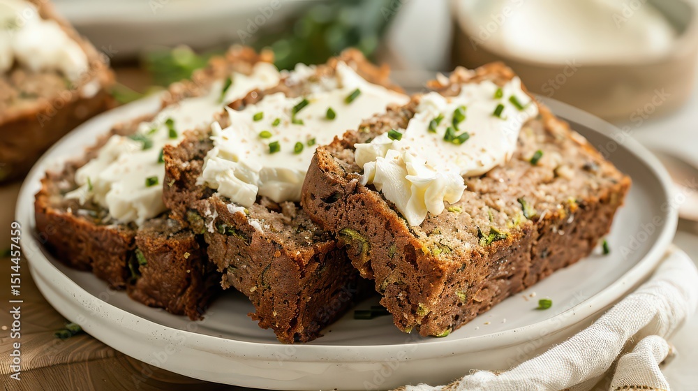 Slices of zucchini bread topped with cream cheese and chives on a white plate closeup view Slices of zucchini bread topped with cream cheese and chives on a white plate closeup view
