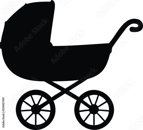 Black silhouette of a classic baby carriage or pram on white background