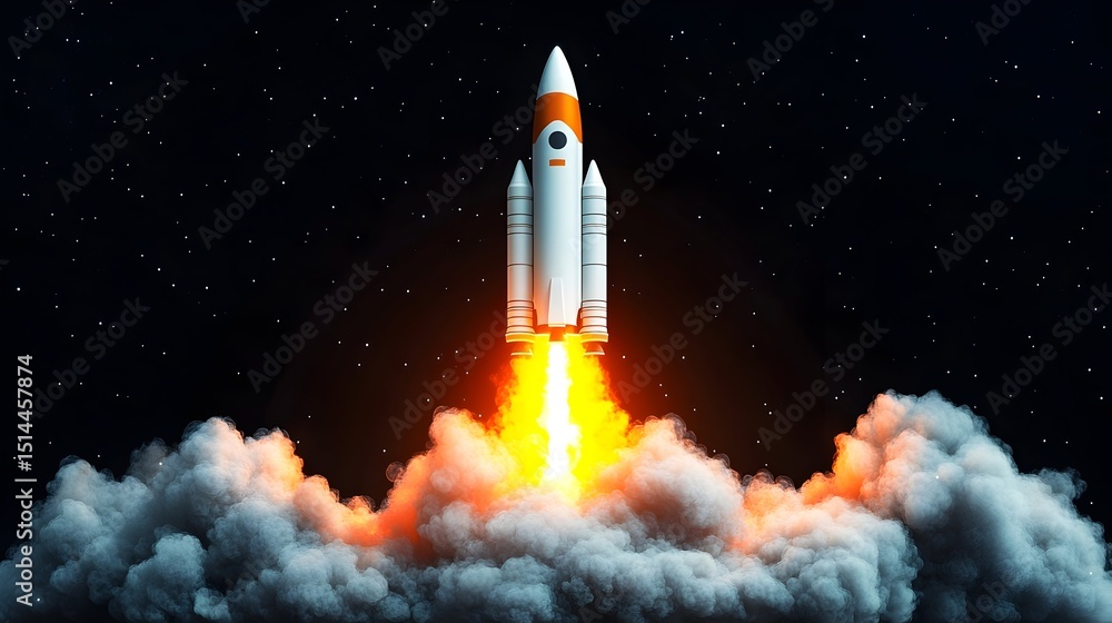 Fototapeta premium A majestic rocket ascends through a dark, starlit sky, leaving a trail of fiery exhaust and billowing smoke