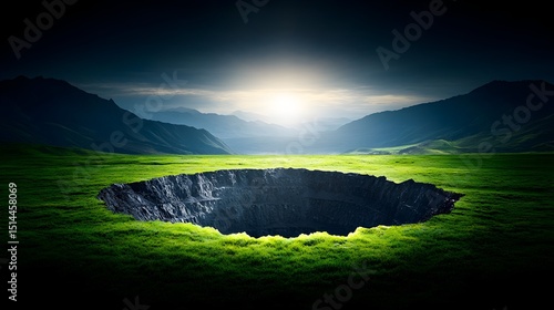 A vast, dark chasm nestled in a vibrant green field, backlit by a radiant sunrise over silhouetted mountains