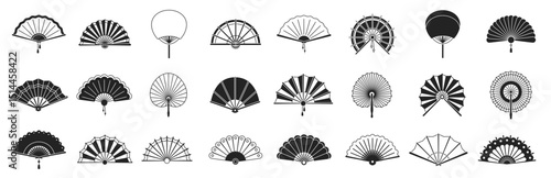 handheld fan black silhouettes Chinese Japanese paper folding hand fans traditions Asian decoration