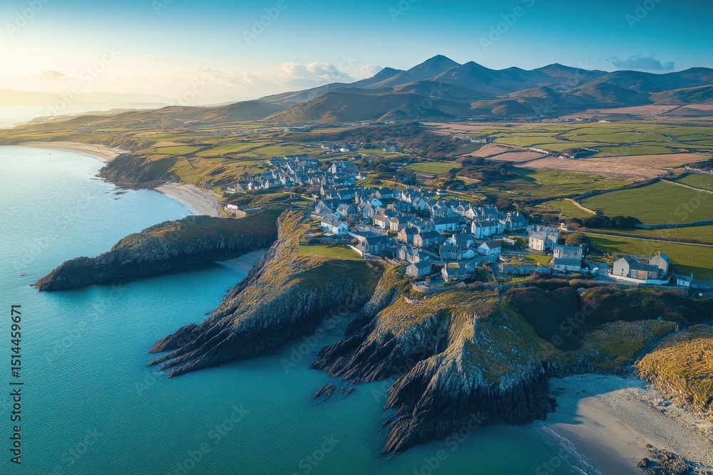 Obraz premium Fishing village on Holyhead Island captured from above during golden hour, Holyhead island fishing village aerial view circling sunlit homes mountain and townhouse property