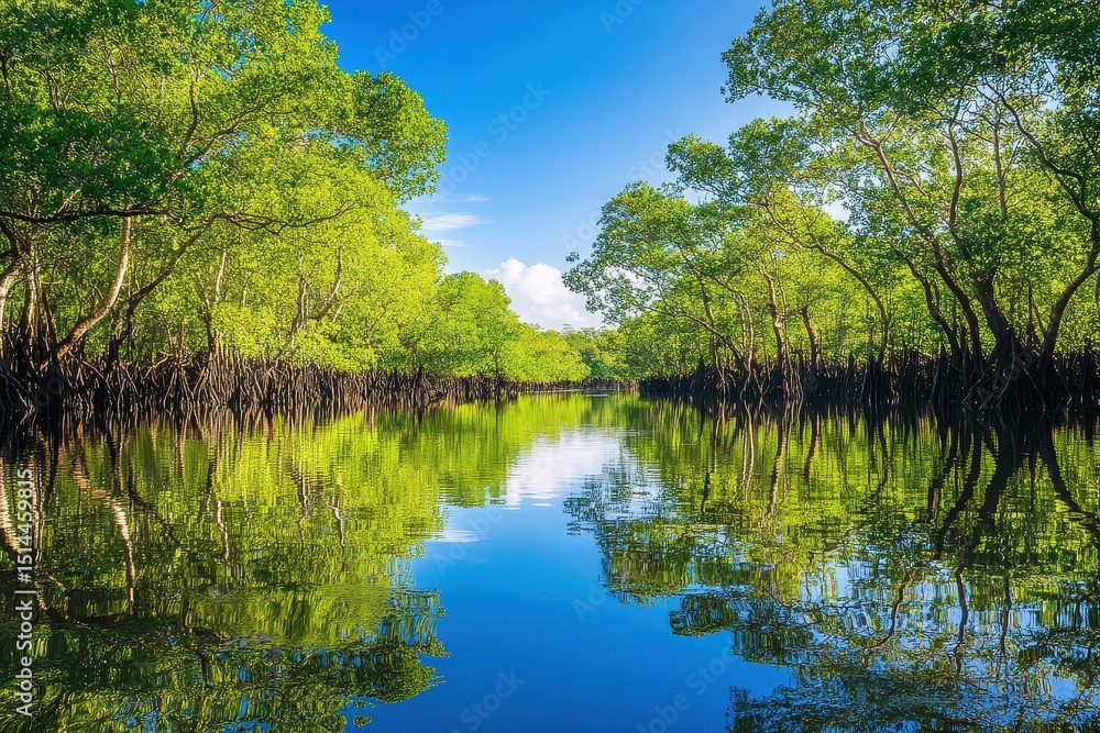 Fototapeta premium Majestic saltwater mangrove forest reflecting in calm waters of Queensland, Australia during a sunny day, Saltwater mangrove forest in Queensland Australia Daintree national park